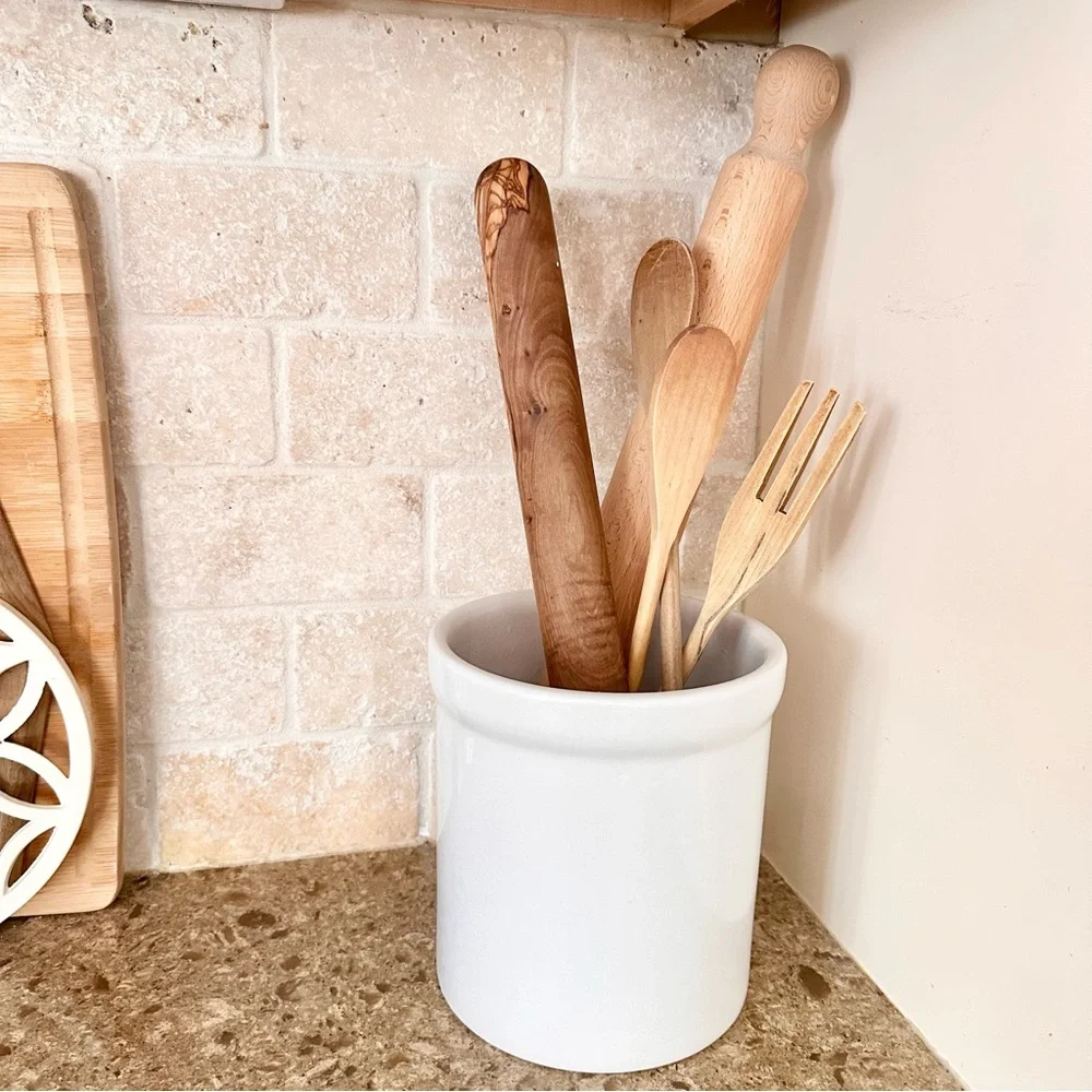 Large & Heavy Minimalist White Glazed Ceramic Kitchen Utensil Crock Holder Vase